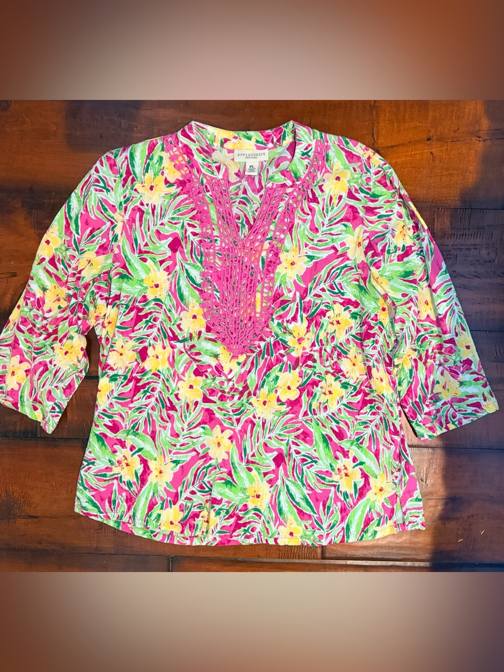 Appleseed's Hot Pink Floral Crochet-Trim Pullover Blouse